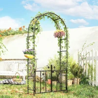 Outsunny 7.4 ft Garden Arch, Outdoor Trellis Arbor with Gate for Climbing Plants, Wedding Arch, Black(m-8)