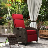 Outsunny Outdoor Recliner Chair with Adjustable Backrest, Cushion, Side Tray, Wine Red(m-8)