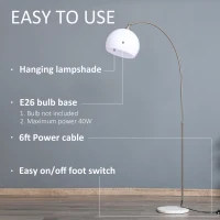 HOMCOM Arc Floor Lamp,Metal Standing Lamp, with 350° Flexible Lampshade, Adjustable Pole, and Marble Round Base for Living, Office, Bedroom, White/Silver(m-12)