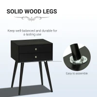 HOMCOM Side Table, Modern End Table with 2 Pull Out Drawers, Side Table with Display Tabletop and Solid Acacia Legs, Black(m-5)