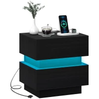 HOMCOM Bedside Table with Charging Station and LED Light Modern Nightstand with USB Ports AC Outlets Drawers Remote, Black(m-9)