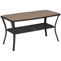 Outsunny Outdoor Patio PE Rattan Coffee Table with Storage Shelf, Wicker Side Table with Wood-Plastic Composite Top, Mixed Brown(m-11)