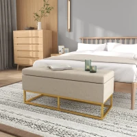 HOMCOM Storage Ottoman with Flip Top, Upholstered Storage Bench, Linen Fabric Footstool with Steel Legs for Living Room, Bedroom, Beige(m-8)