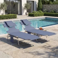 Outsunny 2 Tanning Chairs with Face Hole, 5-Level Adjustable Outdoor Chaise Lounge Chair with Pillow for Beach, Pool, Gray(m-8)