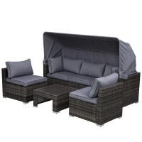 Outsunny Outdoor Daybed with Canopy, 4 Piece Sectional Patio Furniture Set, Cushions, Coffee Table Ottoman, PE Wicker Conversation Sofa Set and Convertible Sunbed, Gray(m-1)