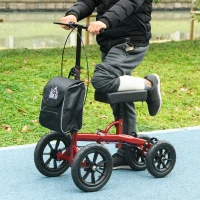 HOMCOM Adjustable Steerable Knee Walker, Foldable Knee Scooter with Rubber Wheels, Dual Brake, Crutch Alternative, Red(m-1)