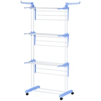 HOMCOM Foldable Clothes Drying Rack, 4-Tier Steel Laundry Rack for Drying Clothes with 2 Side Wings and 4 Castors, Indoor and Outdoor Use, Blue(m-2)