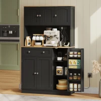 HOMCOM 68" Pantry Cabinet with Charging Station, Kitchen Storage Cabinet with Microwave Stand, 4 Door Racks, Black(m-1)
