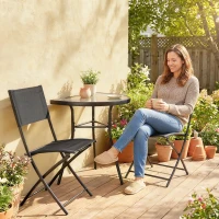 Outsunny Outdoor Bistro Set, 3 Piece Patio Furniture Set with Folding Chairs, Semi-Circle Glass Top Table, Black(m-1)