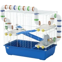 PawHut 4 Tier Hamster Cage with Tunnel Tube System, Hut, Exercise Wheel, Water Bottle, Food Dish, for Syrian, Gerbil, Blue(m-1)