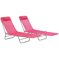Outsunny Set of 2 Folding Chaise Lounge Chairs, Outdoor Poolside Sun Tanning Chairs w/ Pillow, Reclining Backrest, Pink(m-2)