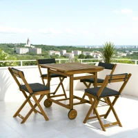 Outsunny 5 Pieces Wood Patio Dining Set, Wheeled Patio Table and Folding Chairs with Cushions for Garden Backyard Poolside, Teak(m-8)