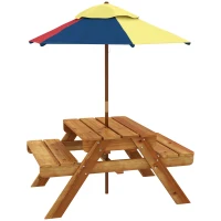 Outsunny Sensory Table 3 in 1 Toddler Water and Sand Table w/ Foldable Umbrella 2 Play Boxes Removable Top, 3-6 Years Old, Teak(m-1)