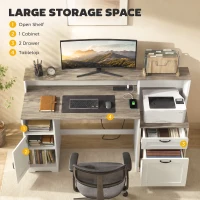 HOMCOM Computer Desk with Power Outlets Office Desk 1 Cabinet File Drawer Grey Brown White(m-4)