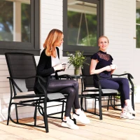 Outsunny Double Patio Glider Chair with Glass Top Center Table, Outdoor Glider Loveseat with High Back,  All Weather Breathable Mesh Fabric for Garden, Backyard, Deck, Black(m-1)