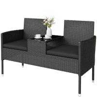 Outsunny Patio Furniture w/ Mid-Table PE Rattan Loveseat w/ Cushion, Black(m-2)