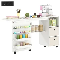 HOMCOM Rolling Sewing Machine Table with Power Outlet, Folding Craft Table with 2 Fabric Drawers, 2 Bins and 18 Pegs, White(m-9)