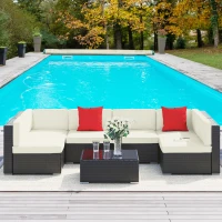 Outsunny 7 Piece Patio Furniture Set, Wicker Outdoor Sectional Sofa Set, All Weather PE Rattan Outdoor Furniture Conversation Sets with Cushions, Glass Top Coffee Table, Pillows, Cream White(m-2)