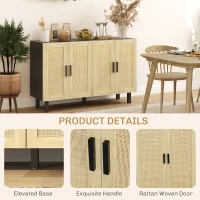 HOMCOM Boho Kitchen Cabinet, Buffet Cabinet with 4 Rattan Doors and Adjustable Shelves for Dining Room, Black and Natural(m-6)