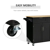 HOMCOM Mobile Kitchen Island with Storage, Kitchen Cart with Wood Top, Storage Drawers, 3-door Cabinets, Adjustable Shelves and Towel Rack, Black(m-6)