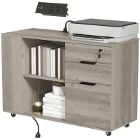 HOMCOM Filing Cabinet with Power Outlets File Cabinet Lockable Casters File Drawer Side Cubbies Light Grey Brown(m-2)