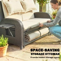 Outsunny Patio Rattan Daybed, Wicker Outdoor Daybed with Storage Ottoman, Loveseat w/ Adjustable Backrest, Beige(m-8)