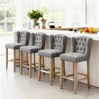 HOMCOM Counter Height Bar Stools Set of 2, 27" Seat Height Upholstered Barstools, Farmhouse Kitchen Island Stools with Nailhead-Trim, Tufted Back and Wooden Legs, Light Gray(m-8)