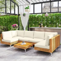 Outsunny 7 Piece Wicker Patio Furniture Set, Modular Outdoor Sectional with Thickened Cushions, Acacia Wood Table, Khaki/Beige(m-10)