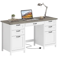 HOMCOM Computer Desk with Drawers Office Desk with 7 Drawers Charging Station Study Table 57" Brown White(m-2)