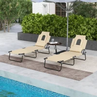 Outsunny Folding Lounge Chair Set of 2, Reclining Beach Tanning Chair with Face Hole, Pillow, 4-Position Adjustable Flat Sun Lounger, Steel Frame for Outdoor Patio Pool, Beige(m-8)