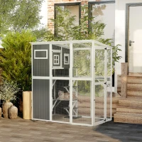 PawHut Wooden Cat Catio, 66.5"L Walk in Outdoor Cat House with PVC Weather Protection Roof, Multiple Platforms, Lockable Doors, Resting Condo, Observation Window, for 2 Cats(m-8)