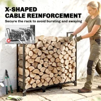 Outsunny 4 ft Firewood Rack with Customisable Width & Height, Cable Reinforcement, 616 lb Capacity Log Store Indoors, Black(m-5)