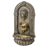 Outsunny Wall-Mounted 3-Tier Outdoor Fountain, Resin Cascading Waterfall with LED Lights and Adjustable Flow, Rustic Brown(m-2)