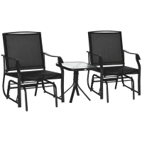Outsunny 3 Piece Patio Glider Set Outdoor Gliders with Breathable Mesh Seat, Glass Top Table for Garden, Yard, Black(m-2)
