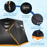 Outsunny 4 Person Insulated Pop-Up Ice Fishing Shelter, 360-Degree View, Portable Ice Fishing Tent Shanty with Carry Bag, Two Doors and Anchors for Low-Temp -22℉, Black and Orange(m-7)