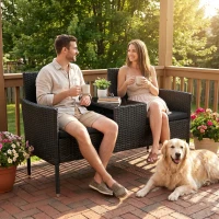 Outsunny Patio Furniture w/ Mid-Table PE Rattan Loveseat w/ Cushion, Black(m-1)