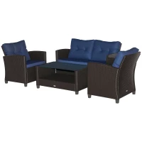 Outsunny 4 Pieces Patio Furniture Sets with Cushions, PE Rattan Wicker Conversation Chairs with Two-Tier Coffee Table for Backyard Porch Garden Poolside and Deck, Blue(m-1)