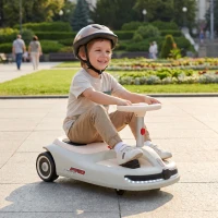 Qaba 12V Electric Wiggle Car with Convertible Steering Wheel Pull Handle, 2 Speed, Music, Lights for 3-5 Years, White(m-2)