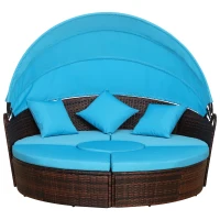 Outsunny 4-Piece Round Convertible Daybed with Cushions, Outdoor PE Rattan Patio Wicker Sofa Set, Sunbed with Adjustable Sun Canopy, Sectional Sofa, 2 Chairs, Table, 3 Pillows, Light Blue(m-1)