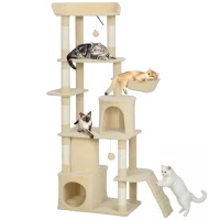 PawHut 67" Large Cat Tree with 7 Scratching Posts, Tunnel, 2 Condos, Hammock, Perch, Ramp, Pompoms, Beige(m-9)