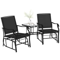 Outsunny Double Patio Glider Chair with Glass Top Center Table, Outdoor Glider Loveseat with High Back,  All Weather Breathable Mesh Fabric for Garden, Backyard, Deck, Black(m-2)