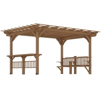 Outsunny 14' x 10' Outdoor Pergola, Wooden Grill Gazebo with Bar Counters and Benches for Seating, Garden, Patio, Backyard, Deck Use(m-1)