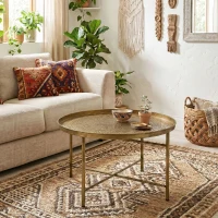 HOMCOM Coffee Table for Living Room, 24" Round Center Table with Hammered Tray Top and Metal Frame for Bedroom, Gold(m-6)