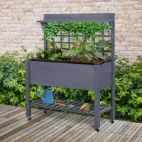 Outsunny 41" Raised Garden Bed Mobile Elevated Wooden Planter Box Stand with Wheels, Trellis and Storage Shelf, Gray(m-10)