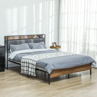 HOMCOM Full Size Bed Frame with Charging Station, Full Bed Frame with Upholstered Headboard and Storage Shelf, Walnut(m-7)
