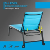 Outsunny Outdoor Chaise Lounge with Wheels, Five Position Recliner for Sunbathing, Suntanning, Steel Frame, Breathable Fabric for Beach, Yard, Patio, Blue(m-5)