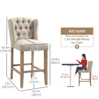 HOMCOM Counter Height Bar Stools Set of 2, Upholstered Bar Chairs with Nailhead Backrest and Footrest, Modern Barstools for Kitchen, Dining Room, Beige(m-3)