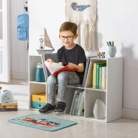 HOMCOM 6-Cubby Kids Bookcase with Reading Nook and Cushion, Multi-Purpose Storage Organizer for Bedroom, Living Room, Pure White(m-2)