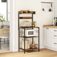 HOMCOM Kitchen Baker's Rack with Power Outlet, Coffee Bar Station with Adjustable Shelves and Hooks, Rustic Brown(m-1)