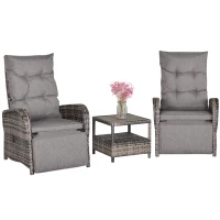 Outsunny 3 PC Rattan Wicker Conversation Patio Set with Side Coffee Table and Adjustable Backrest, Grey(m-11)